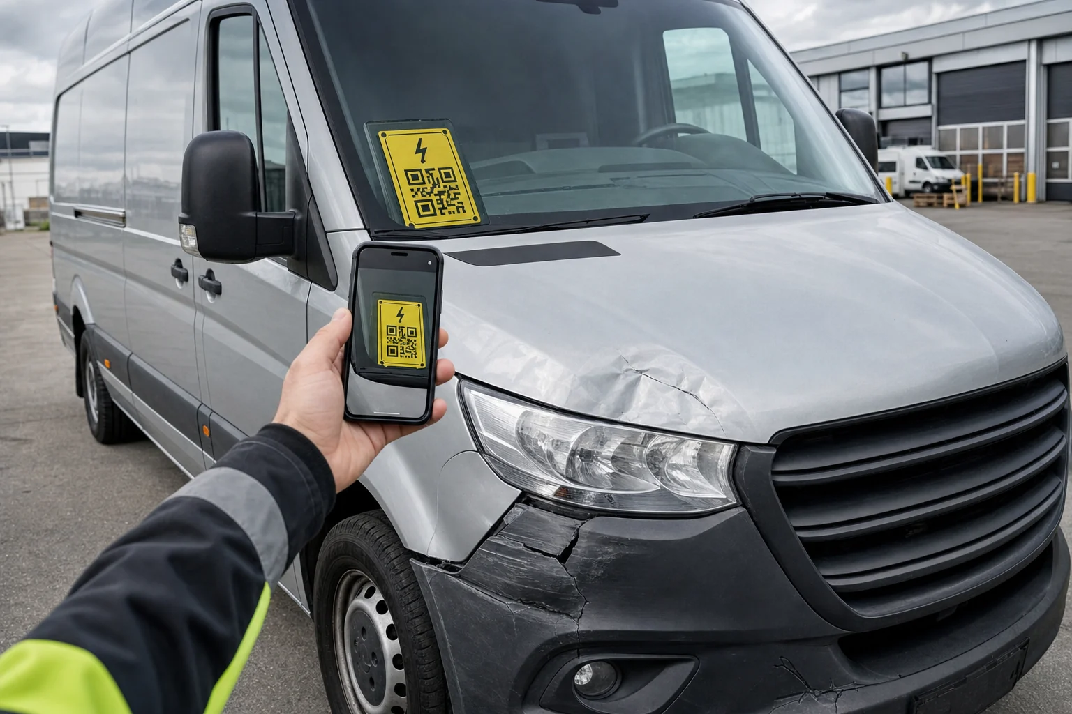 Mitarbeiter scannt den gelben QRFlotte-Aufkleber an einem beschädigten Transporter